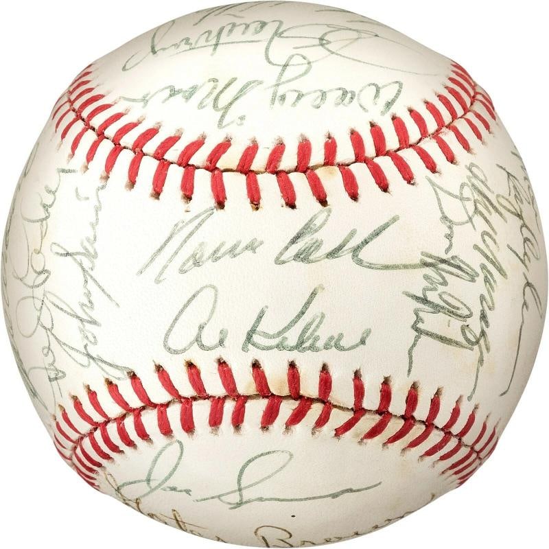 Beautiful 1968 Detroit Tigers World Series Champs Team Signed Baseball PSA DNA: features Cash and Kaline on the sweet spot, surrounded by Horton, Stanley, Dobson, Hiller, Sain, Wert, Warden, Oyler, McMahon, Lasher, Wilson, Comer, Sparma, Brown, Matchick and six others. Signed: