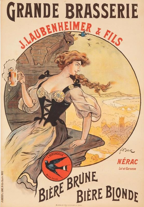 Original Vintage Poster - F. Bac - Laubenheimer Brewery - Beer - Swallow - 1908: Condition: Used,Features: Signed,Width (Inches): 25,Listed By: Dealer or Reseller,Subject: Beverage - Beer,Size: Medium (up to 36in.),Height (Inches): 36.6,Date of Creation: 1900-1949,Artist: Ferdinan