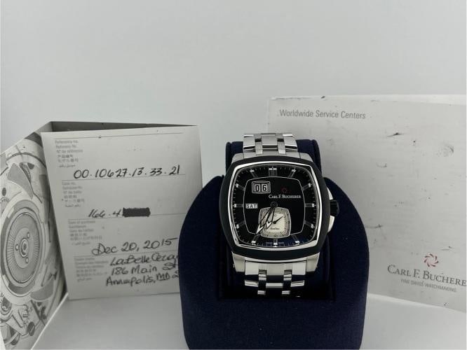 Carl F Bucherer Patravi EvoTec Day Date 00.10627.13.33.21 44.5mm Stainless Steel: Condition: Pre-owned - Excellent,Bezel Color: Black, Silver,Movement: Mechanical (Automatic),Seller Warranty: Yes,Year Manufactured: 2010-2019,With Papers: Yes,Reference Number: 00.10627.13.33.21,Band