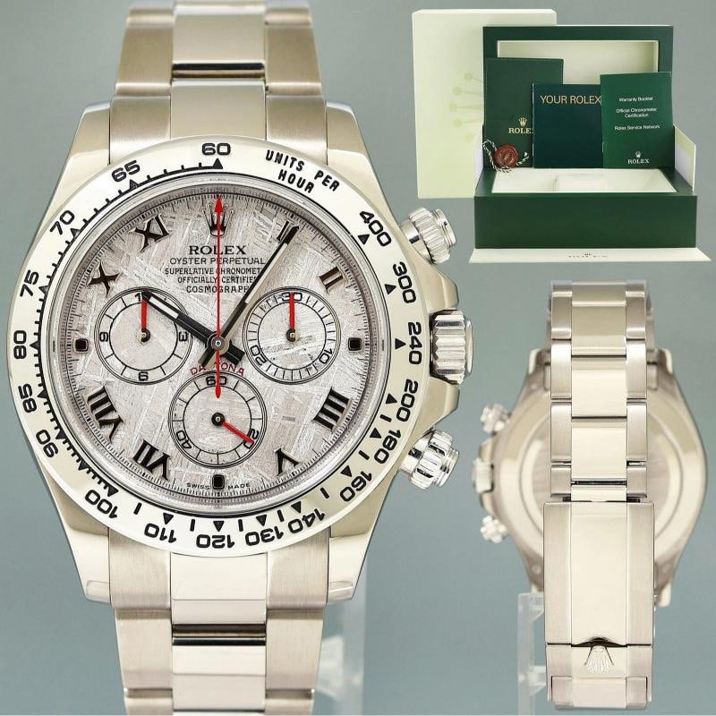 MINT 2015 Rolex Daytona Meteorite Roman 116509 White Gold Chronograph Watch Box: Brand Rolex (Guaranteed Authentic) Model Daytona Cosmograph Reference Number 116509 Serial Number Random Gender Men's Metal White Gold Case Size 40.00mm Wrist Size This watch will currently comfortabl