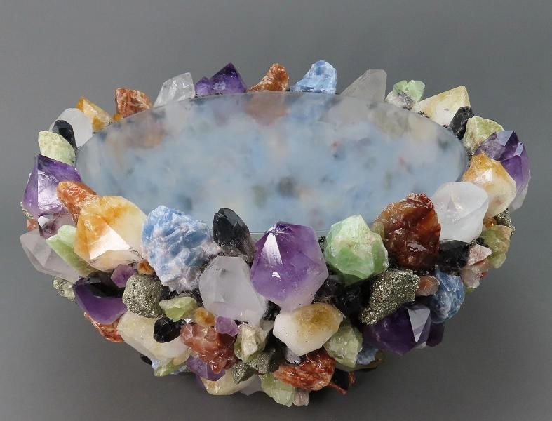 Kathryn McCoy Colorful Multi-Stone Extra-Large Glass Bowl Real Crystal NO BREAKS: Measurements: The height of the bowl is about 9 inches. The glass interior comes up about 8 inches, and the crystals continue up adding an additional inch or so of height. The bowl is about 17 1/2