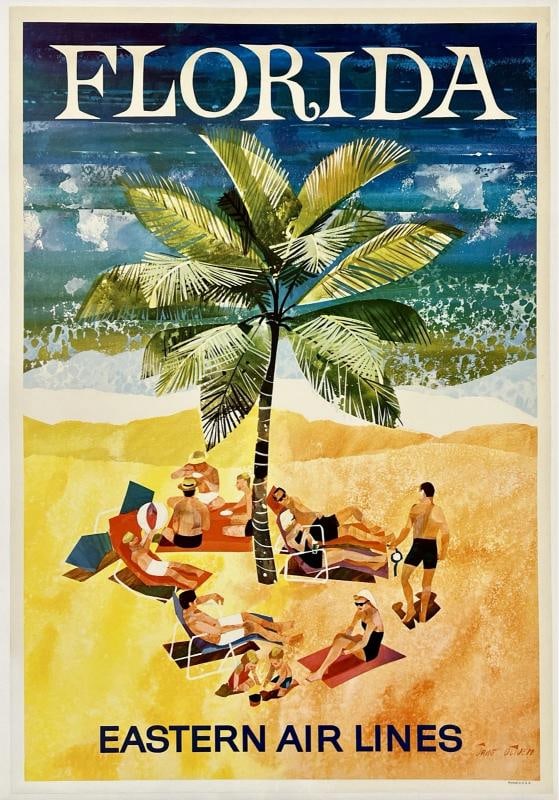 Original Vintage Poster FLORIDA EASTERN AIR LINES Airline Travel Tourism LINEN: Condition: Used,Country of Origin: United States,Type: Poster,Airline: Eastern,Materials sourced from: United States Condition: Very Good * (linen backed; edge and corner wear, smally tears; expertly
