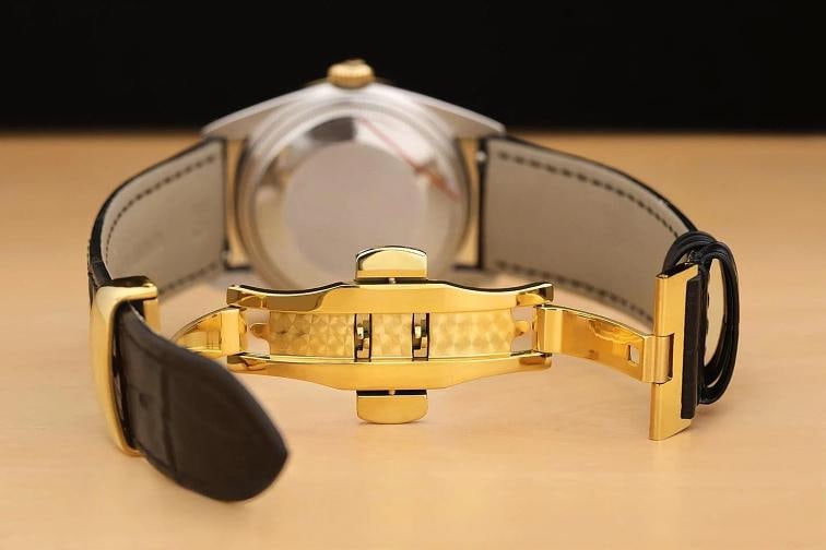 ROLEX MENS DATEJUST 16013 18K GOLD STEEL GRAY DIAMOND WATCH w/ LEATHER BAND - 10