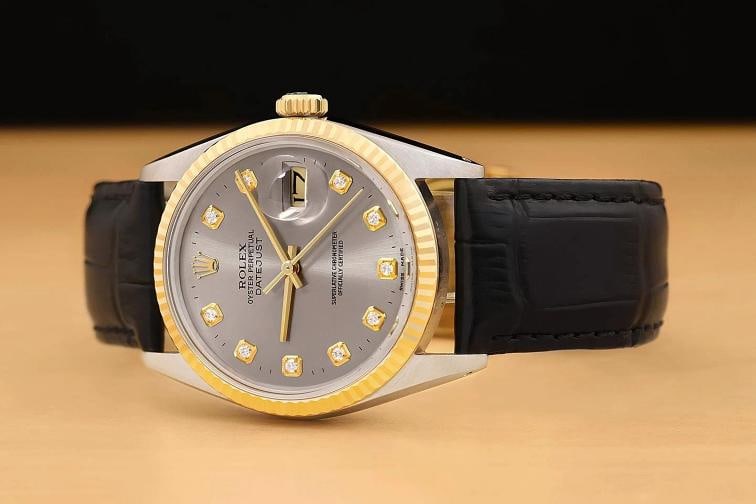 ROLEX MENS DATEJUST 16013 18K GOLD STEEL GRAY DIAMOND WATCH w/ LEATHER BAND - 2