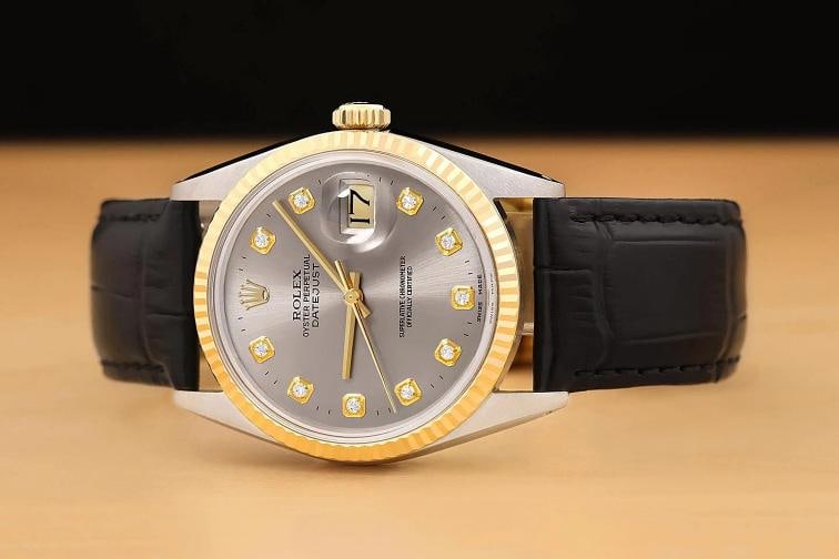 ROLEX MENS DATEJUST 16013 18K GOLD STEEL GRAY DIAMOND WATCH w/ LEATHER BAND - 3