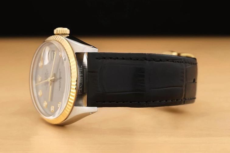 ROLEX MENS DATEJUST 16013 18K GOLD STEEL GRAY DIAMOND WATCH w/ LEATHER BAND - 4