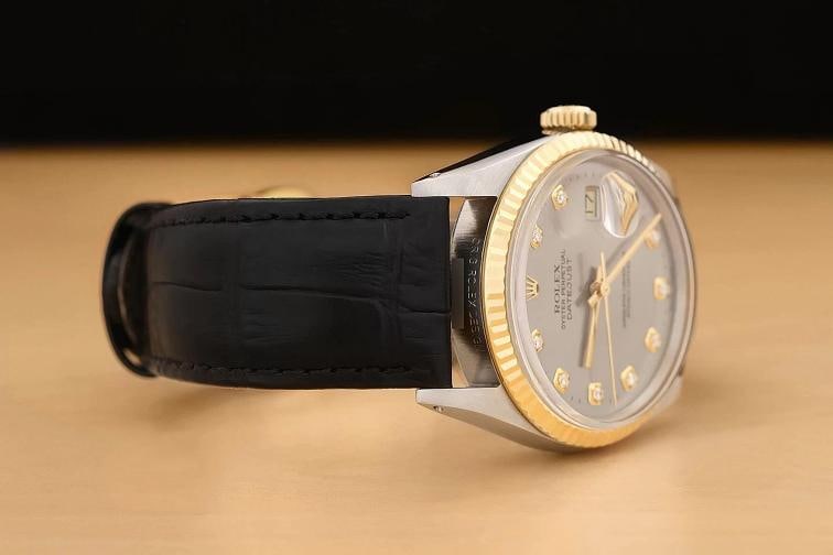 ROLEX MENS DATEJUST 16013 18K GOLD STEEL GRAY DIAMOND WATCH w/ LEATHER BAND - 7