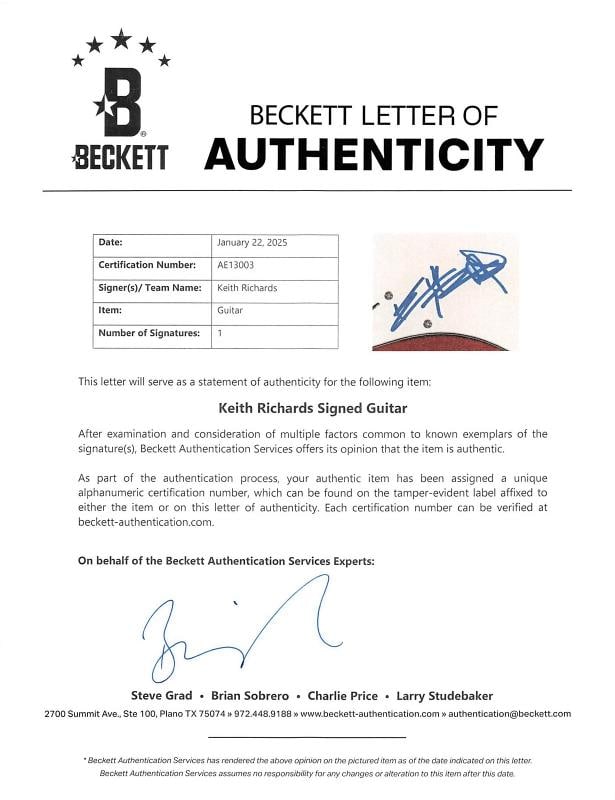 Keith Richards Rolling Stones Authentic Signed Red Electric Guitar BAS - 6