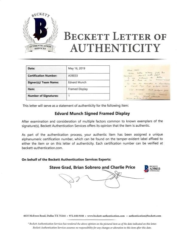 Edvard Munch Authentic Signed & Framed 4x5.5 Letter The Scream Display BAS - 9