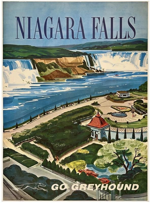 Original Vintage Poster NIAGARA FALLS - GO GREYHOUND Bus Canada Travel LINEN: Dimensions: 28 x 38.4 in. / 71 x 97.5 cm.; Circa: 1960s Original vintage "NIAGARA FALLS - GO GREYHOUND" poster, designed by an anonymous artist, and printed by LITHO IN U.S.A. circa 1960s.