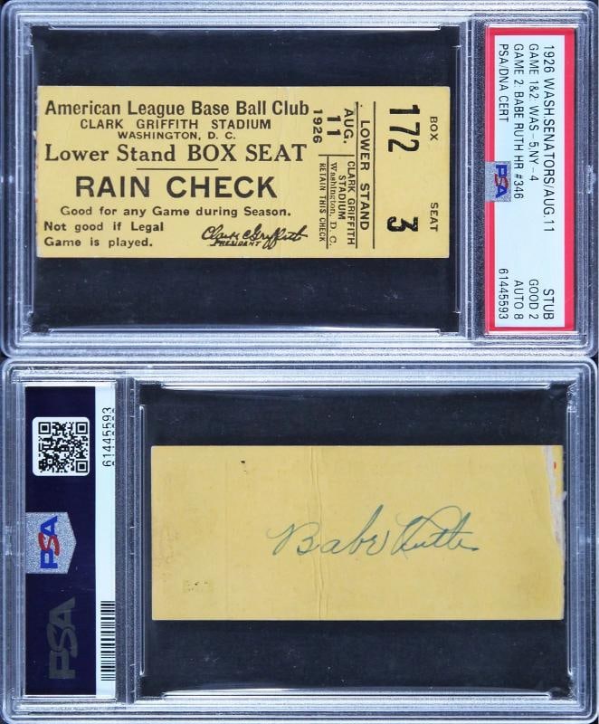 Yankees Babe Ruth Signed 9/11/1926 Ticket Stub Ticket Grade 2 Auto 8 PSA Slabbed (1 of 3)