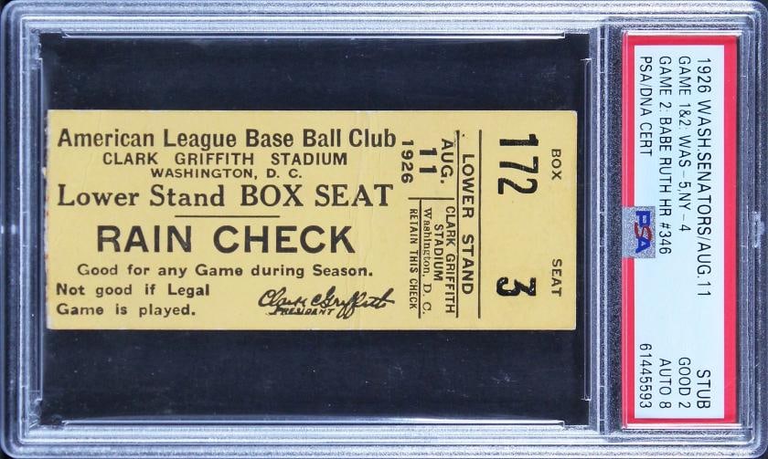 Yankees Babe Ruth Signed 9/11/1926 Ticket Stub Ticket Grade 2 Auto 8 PSA Slabbed - 3