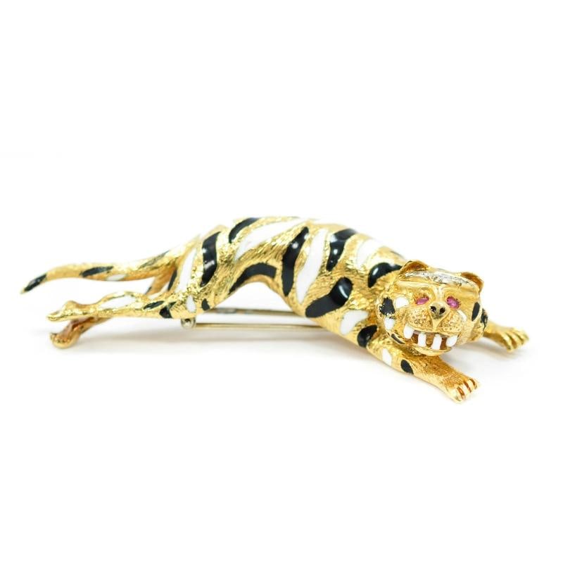 David Webb Tiger Brooch Ruby Pear Shaped Eyes Diamonds & 18K Yellow Gold 38.9 GR (1 of 3)