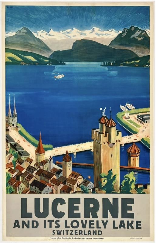 Original Vintage Poster LUCERNE AND ITS LOVELY LAKE SWITZERLAND Swiss Travel OL: Dimensions: 25.5 x 40.3 in. / 64.8 x 102.4 cm.; Circa: 1930s Original vintage "LUCERNE AND ITS LOVELY LAKE - SWITZERLAND" poster plate signed by its artist, HUGO LAUBLI, and printed circa 1930s.