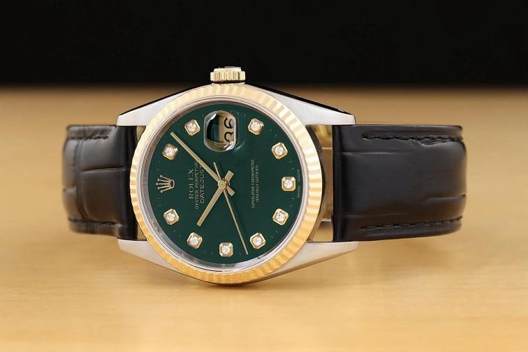 ROLEX MENS DATEJUST 16233 GREEN DIAMOND 18K GOLD STEEL BLACK LEATHER BAND WATCH - 2