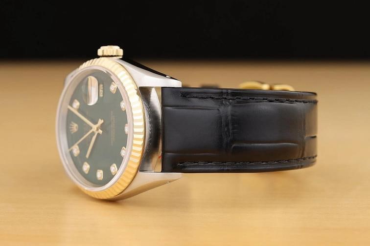 ROLEX MENS DATEJUST 16233 GREEN DIAMOND 18K GOLD STEEL BLACK LEATHER BAND WATCH - 4