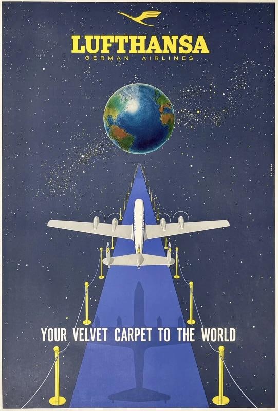 Original Vintage Poster LUFTHANSA VELVET CARPET TO THE WORLD Airline Travel OL: Dimensions: 24 x 35.75 in. / 61.4 x 90.8 cm.; Circa: 1950s Original vintage "LUFTHANSA GERMAN AIRLINES - YOUR VELVET CARPET TO THE WORLD" airline travel poster, illustrated by BUTTGEN, and printed cir