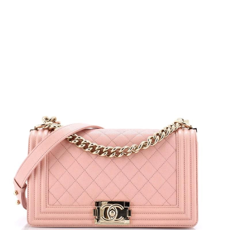 Chanel Boy Flap Bag Quilted Caviar Old Medium: Condition: Pre-owned - Excellent,Brand: Chanel,Exterior Material: Leather,Style: Cross Body Bags,Exterior Color: Pink,Department: Women,Size: Old Medium,Accessories: Authenticity Card