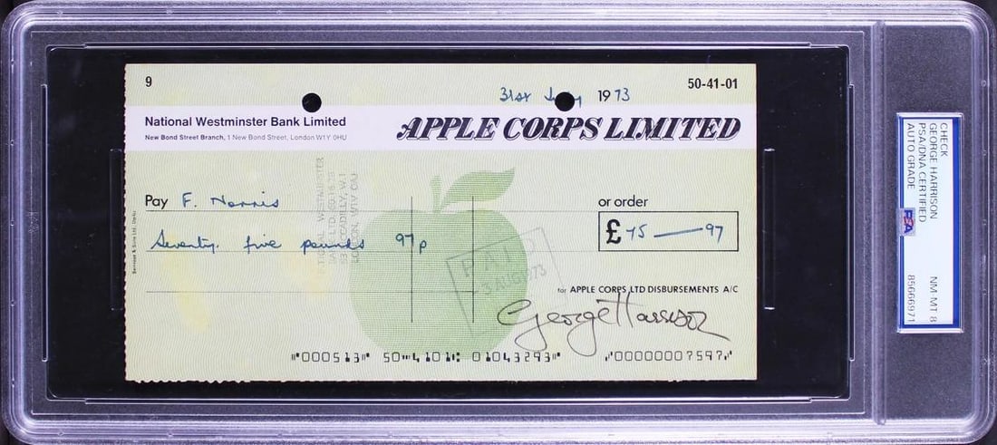 George Harrison The Beatles Signed 3.5x8 Apple Corps Check Auto 8 PSA/DNA Slab (1 of 2)
