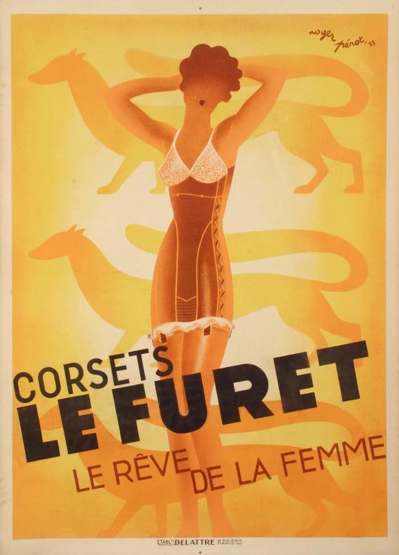 Original Art Deco Poster - Perot - Corset Lefuret - Women Underwear -Ferret 1933: Condition: Used,Unit of Sale: Single-Piece Work,Signed By: Roger Perot,Size: Large,Signed: Yes,Color: Ornage - Yellow - White - Black,Title: Corset lefuret,Material: Paper,Certificate of Authenticity