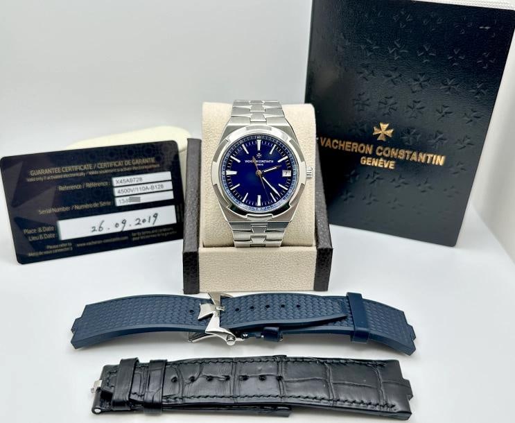 Vacheron Constantin Overseas 4500V/110A-B128 Blue Dial 41mm Steel Booklet Paper: Condition: Pre-owned - Excellent,Bezel Color: Silver,Year Manufactured: 2010-2019,Case Color: Silver,Caseback: Exhibition,Department: Men,Watch Shape: Round,Style: Dress/Formal, Luxury,Features: