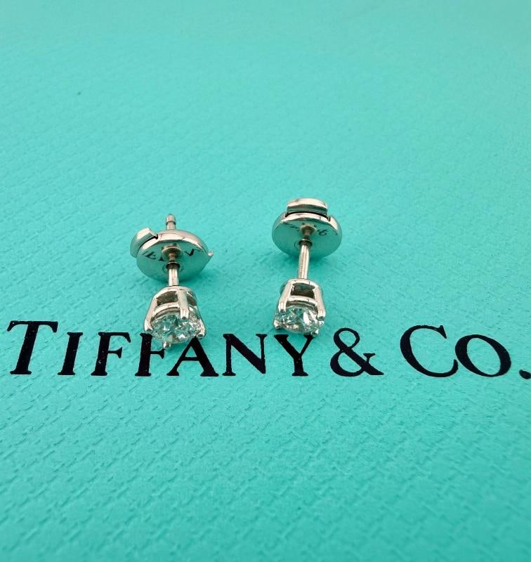 Tiffany & Co Platinum Round Diamond Stud Earrings 0.77 tcw F VVS2 Papers Box - 11