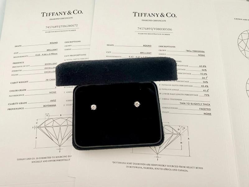 Tiffany & Co Platinum Round Diamond Stud Earrings 0.77 tcw F VVS2 Papers Box - 2
