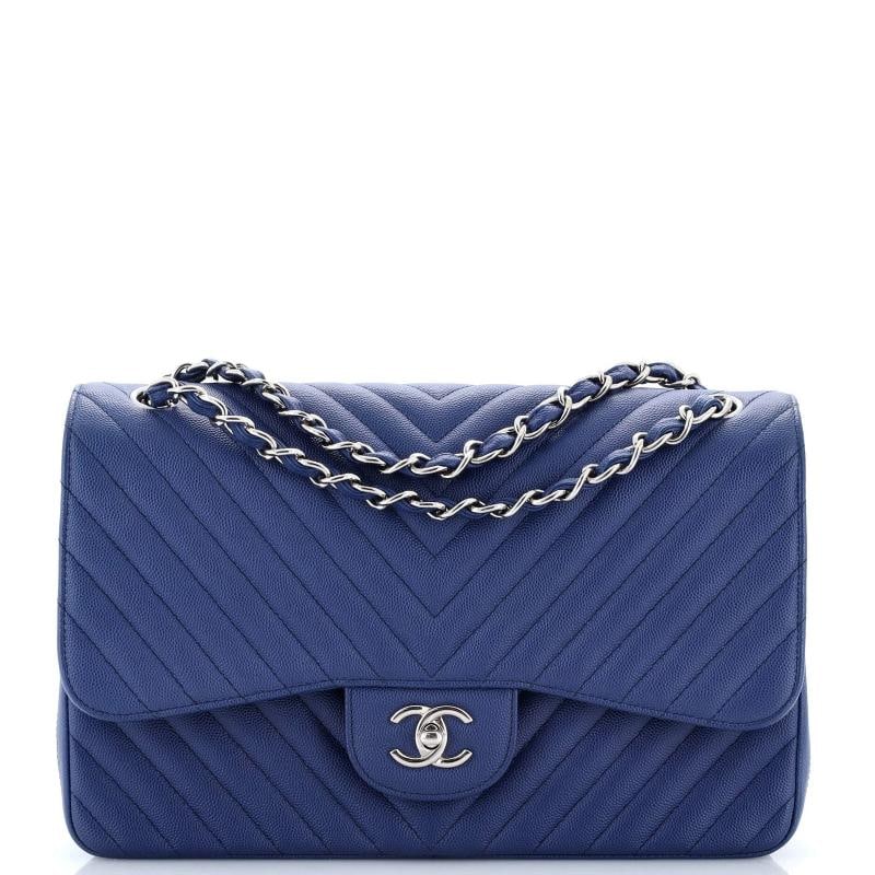 Chanel Classic Double Flap Bag Chevron Caviar Jumbo: Condition: Pre-owned - Excellent,Brand: Chanel,Exterior Material: Leather,Style: Shoulder Bags,Exterior Color: Blue,Department: Women,Size: Jumbo,Accessories: Authenticity Card 