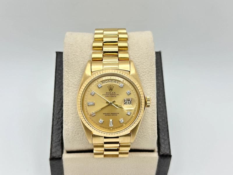 Rolex Day Date President 1803 36mm Champagne Diamond Dial 18K Yellow Gold: Condition: Pre-owned - Good,Bezel Color: Gold, Yellow,Indices: Diamond Markers,Year Manufactured: 1970-1979,Vintage: Yes,Band/Strap: Rolex President,Case Color: Gold, Yellow,Department: Men,Bezel Type