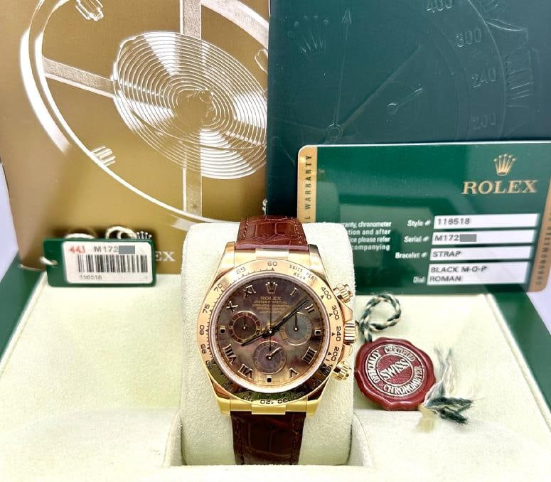 Rolex Daytona Cosmograph 116518 40mm Black MOP Dial 18k Yellow Gold Box Paper: Condition: Pre-owned - Excellent,Bezel Color: Gold, Yellow,Dial Pattern: Mother of Pearl,Year Manufactured: 2010-2019,Band/Strap: Two-Piece Strap,Case Color: Gold, Yellow,Department: Men,Watch Shape: