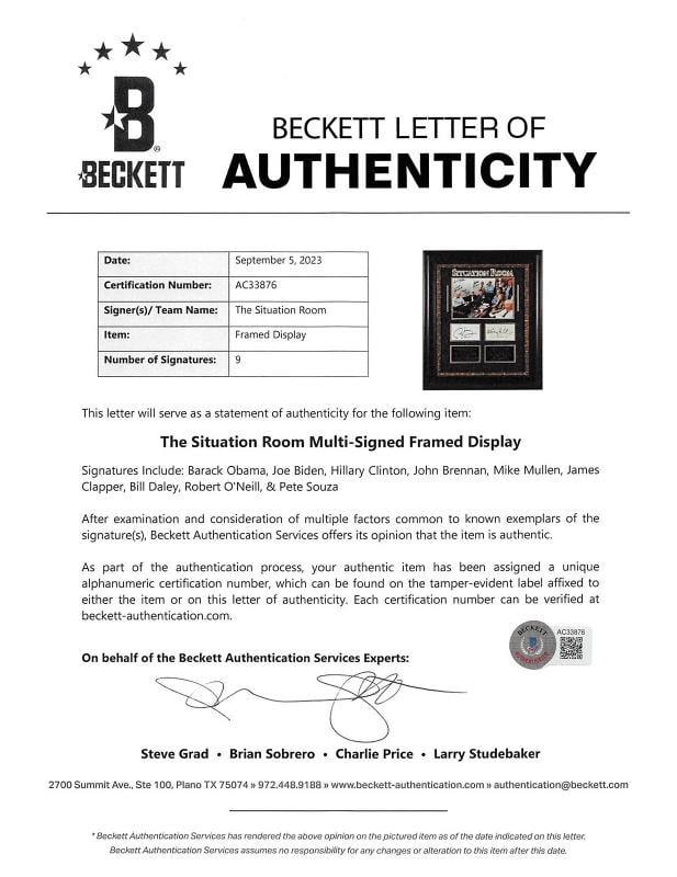 The Situation Room (9) Obama, Biden, Clinton, O'Neil Signed Framed Display BAS - 5