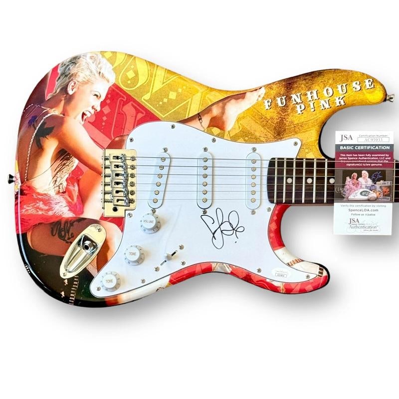 Pink Signed Guitar Custom Graphics JSA COA P!nk Funhouse Alecia Moore: Industry: Music,Signed: Yes,Autograph Authentication: James Spence (JSA),Object Type: Guitar & Guitar Pick,Original/Reproduction: Original,Country of Origin: United States Signer: P!nk (Alecia Moore)