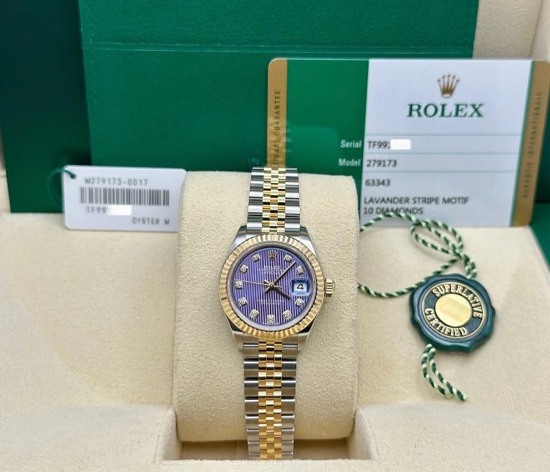 Rolex Ladies Datejust 279173 Lavender Purple Diamond Dial 18K Gold Steel 28mm Box/Papers: Condition: Pre-owned - Good,Bezel Color: Gold,Indices: Diamond Markers,Year Manufactured: 2010-2019,Band/Strap: Rolex Jubilee,Case Color: Silver,Department: Women,Bezel Type: Fluted,Watch Shape: Round