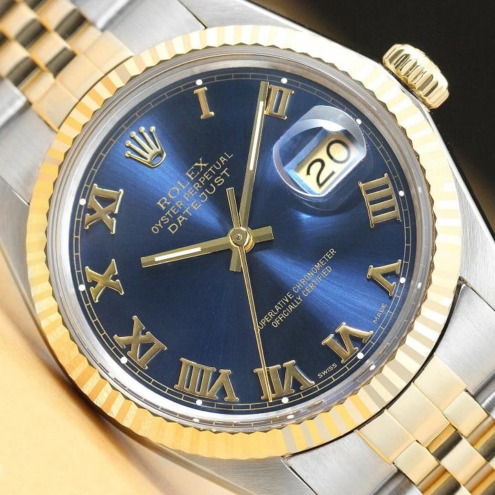 ROLEX MENS DATEJUST 16013 TWO-TONE BLUE ROMAN DIAL QUICKSET WATCH w/ ROLEX BAND: Condition: Pre-owned - Good,Bezel Color: Gold,Max Wrist Size: 7.26-7.5 in,Number of Jewels: 27 Jewels,Indices: Roman Numerals, 12-Hour Dial, Multiple Hands,Bezel: Rolex 18K Yellow Gold Fluted Bezel,Ba