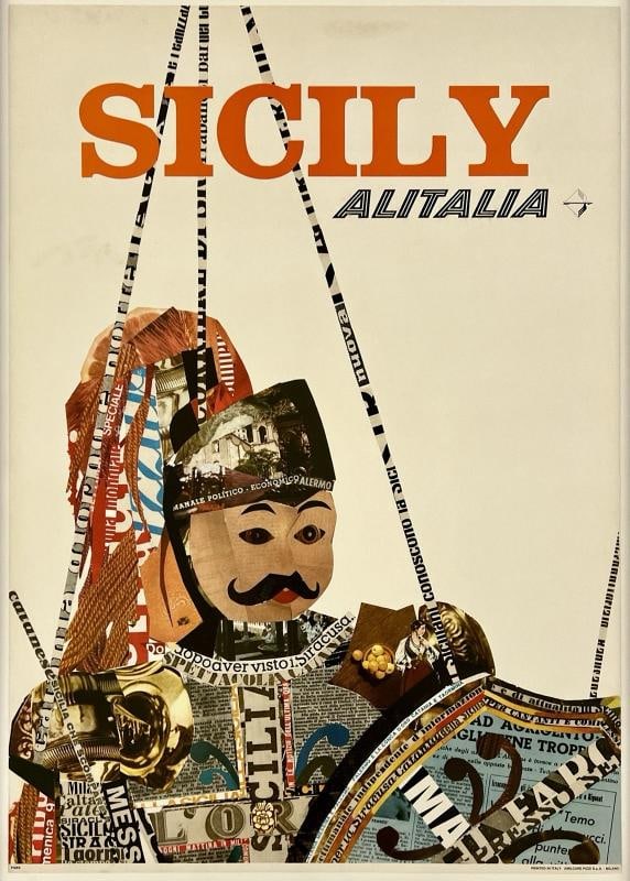 Original Vintage Poster SICILY ALITALIA Airline Italy Travel Tourism LINEN: Dimensions: 27.2 x 38.75 in. / 69.1 x 98.4 cm.; Circa: 1970 Original vintage "SICILY - ALITALIA" airline travel poster, designed by an anonymous artist, and printed circa 1970.