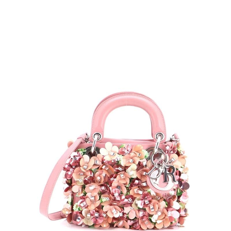 Christian Dior Lady Dior Flower Charm Bag Embellished Leather Mini: Condition: Pre-owned - Good,Brand: Christian Dior,Exterior Material: Leather, Sequins,Style: Top Handle,Exterior Color: Pink,Department: Women,Size: Mini,Accessories: With Strap Estimated Retail