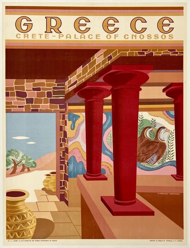 Original Vintage Poster GREECE CRETE PALACE OF CNOSSOS Greek Travel Tourism OL: Dimensions: 24 x 31.5 in. / 61 x 80 cm.; Circa: 1949 Original vintage "GREECE - CRETE - PALACE OF CNOSSOS" travel poster, plate signed by its artist, HELEN PERAKIS-THOCHARIS, and printed circa 1949.