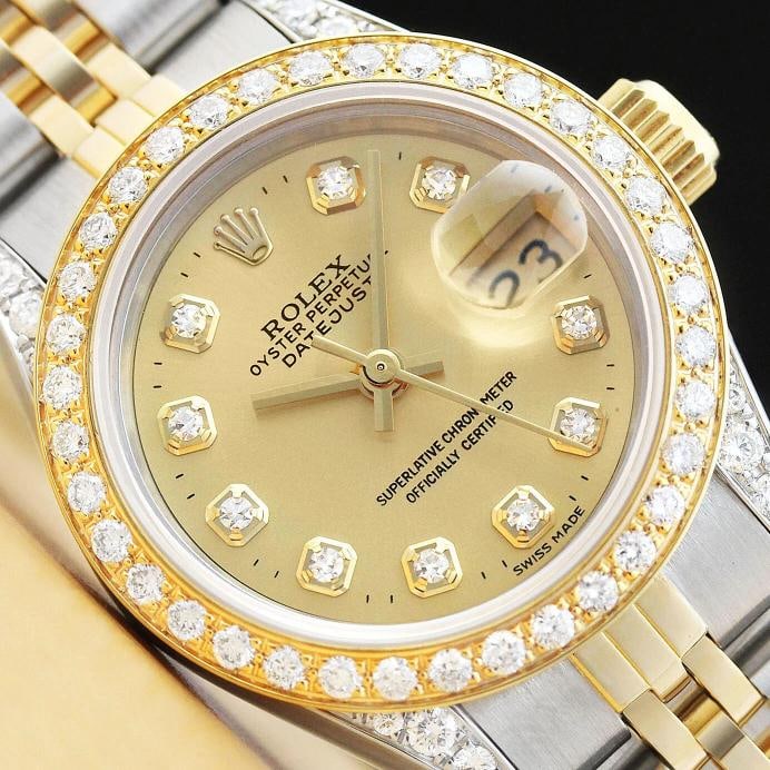 LADIES ROLEX DATEJUST 69173 CHAMPAGNE DIAMOND BEZEL LUGS 18K GOLD STEEL WATCH: Condition: Pre-owned - Good,Bezel Color: Gold,Max Wrist Size: 6.26-6.75 in,Number of Jewels: 29 Jewels,Indices: Diamond Markers,Band: Rolex Two-Toned Jubilee Bracelet,Bezel: Custom 18K Yellow Gold