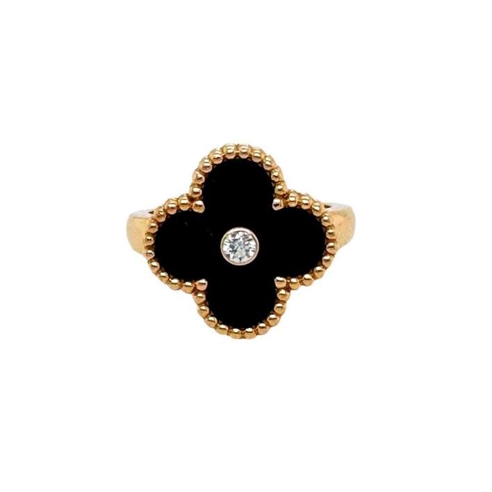 Van Cleef & Arpels Vintage Alhambra Black Onyx Diamond Ring 18k Gold COA Box - 11