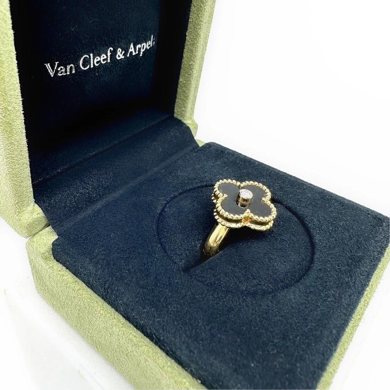 Van Cleef & Arpels Vintage Alhambra Black Onyx Diamond Ring 18k Gold COA Box - 13