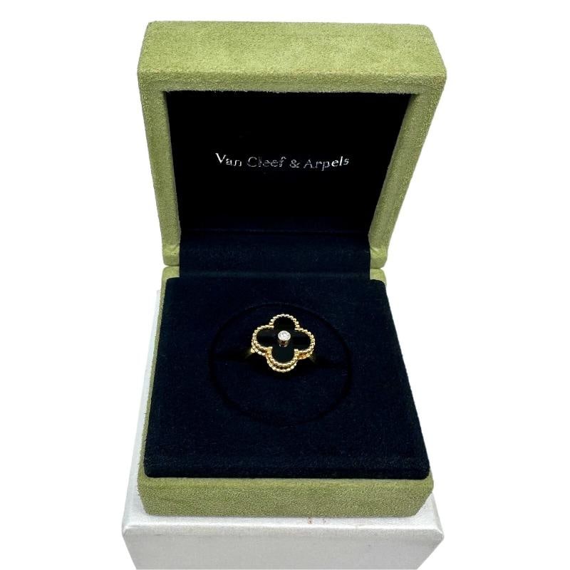 Van Cleef & Arpels Vintage Alhambra Black Onyx Diamond Ring 18k Gold COA Box - 14