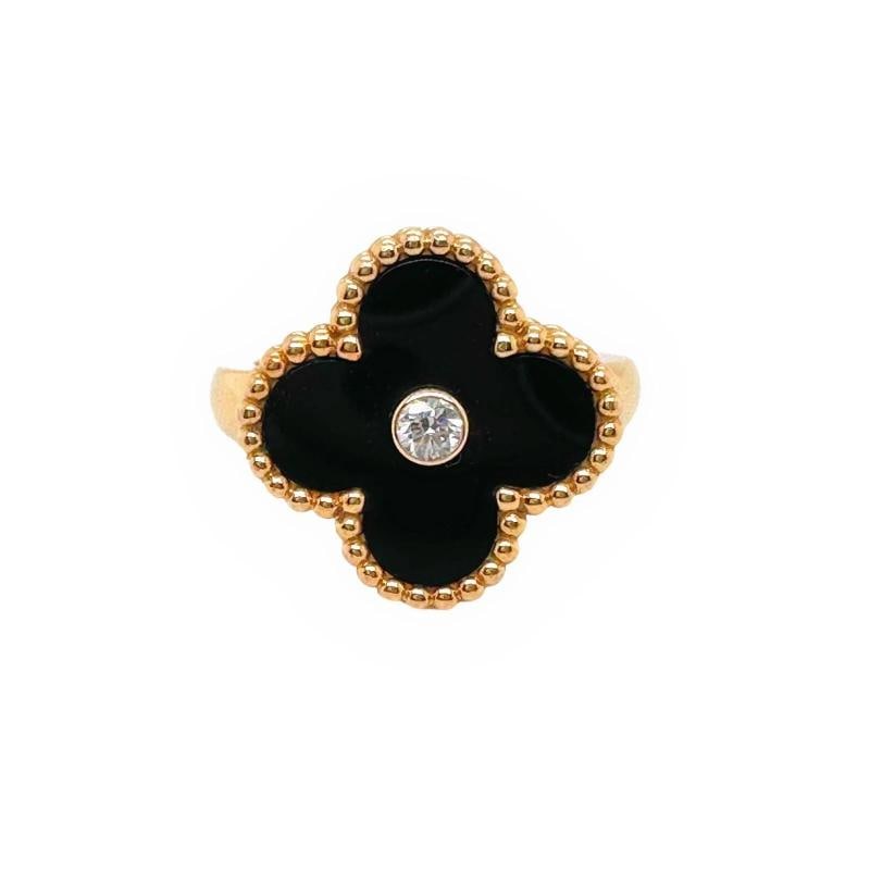 Van Cleef & Arpels Vintage Alhambra Black Onyx Diamond Ring 18k Gold COA Box - 2