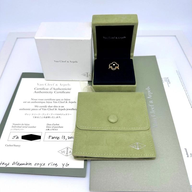 Van Cleef & Arpels Vintage Alhambra Black Onyx Diamond Ring 18k Gold COA Box - 3