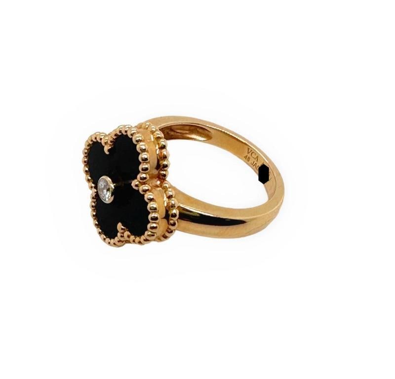 Van Cleef & Arpels Vintage Alhambra Black Onyx Diamond Ring 18k Gold COA Box - 6