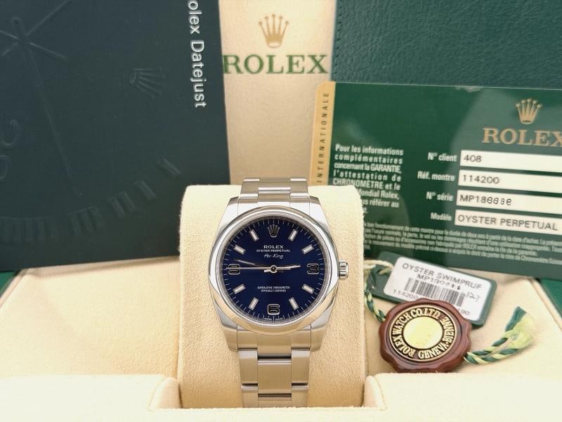 Rolex Air King 114200 34mm Blue Dial Stainless Steel Box Paper: Condition: Pre-owned - Excellent,Bezel Color: Silver,Year Manufactured: 2010-2019,Case Color: Silver,Department: Men,Bezel Type: Smooth,Watch Shape: Round,Style: Casual, Classic, Dress/Formal, Luxury,