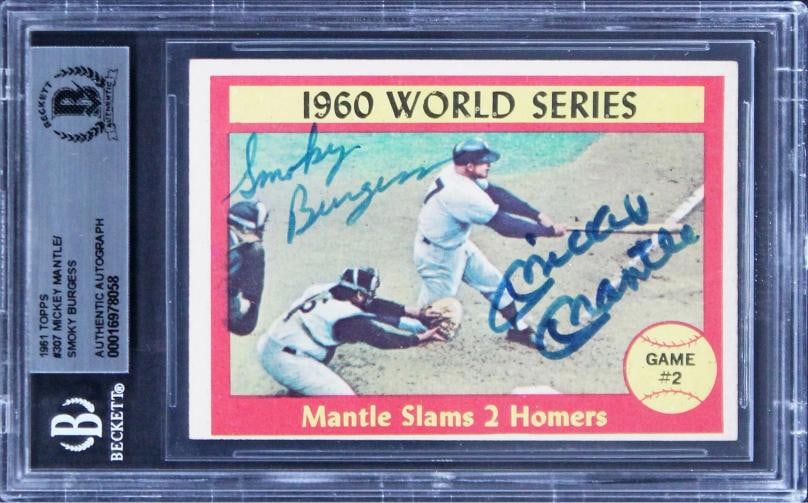 Mickey Mantle & Smokey Burgess Authentic Signed 1961 Topps #307 Card BAS Slabbed (1 of 2)