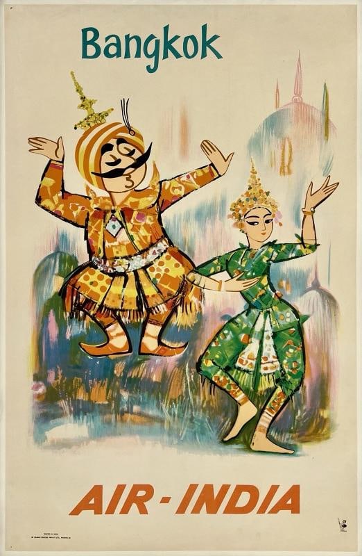 Original Vintage Poster AIR INDIA BANGKOK Airline Travel Tourism Thailand LINEN: Condition: Used,Type: Poster,Country of Origin: IndiaCondition: Very Good * (linen backed; minor edge and corner wear, small tears, and creasing; some surface smudges; this fabulous midcentury airline