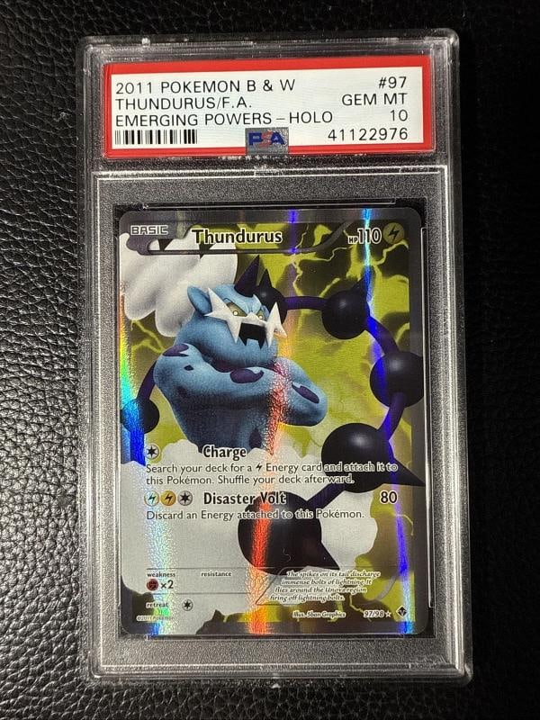 2011 Pokemon Black & White Emerging Powers #97 Full Art FA Thundurus Holo PSA 10: Condition: Graded - PSA 10: Professionally graded ,Card Size: Standard,Autographed: No,Set: Emerging Powers,Character: Thundurus,Year Manufactured: 2011,Grade: 10,Rarity: Ultra Rare,Game: PokÃ