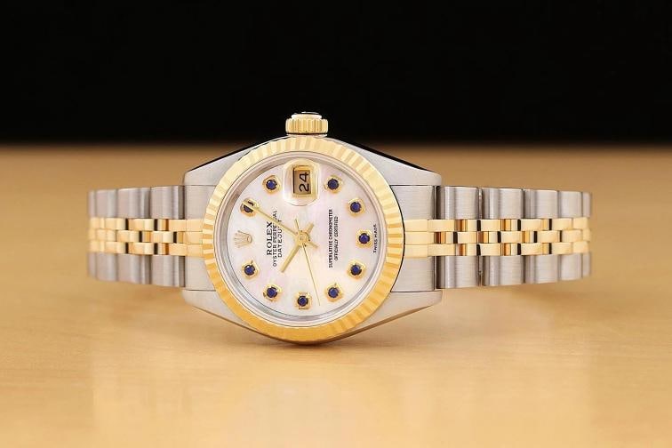 ROLEX LADIES DATEJUST 69173 WHITE MOTHER OF PEARL SAPPHIRE 18K GOLD STEEL WATCH - 3