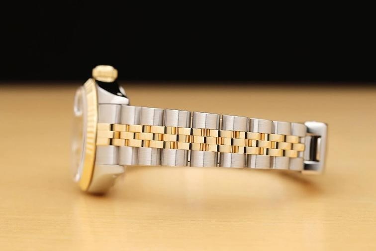 ROLEX LADIES DATEJUST 69173 WHITE MOTHER OF PEARL SAPPHIRE 18K GOLD STEEL WATCH - 5